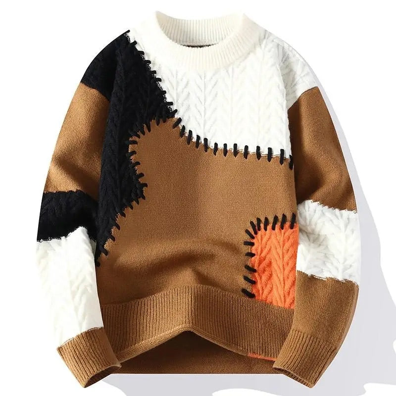 Moderne Gebreide Heren Trui met Patchwork Design in Groentinten - Zachte en Comfortabele Sweater voor Herfst en Winter 3