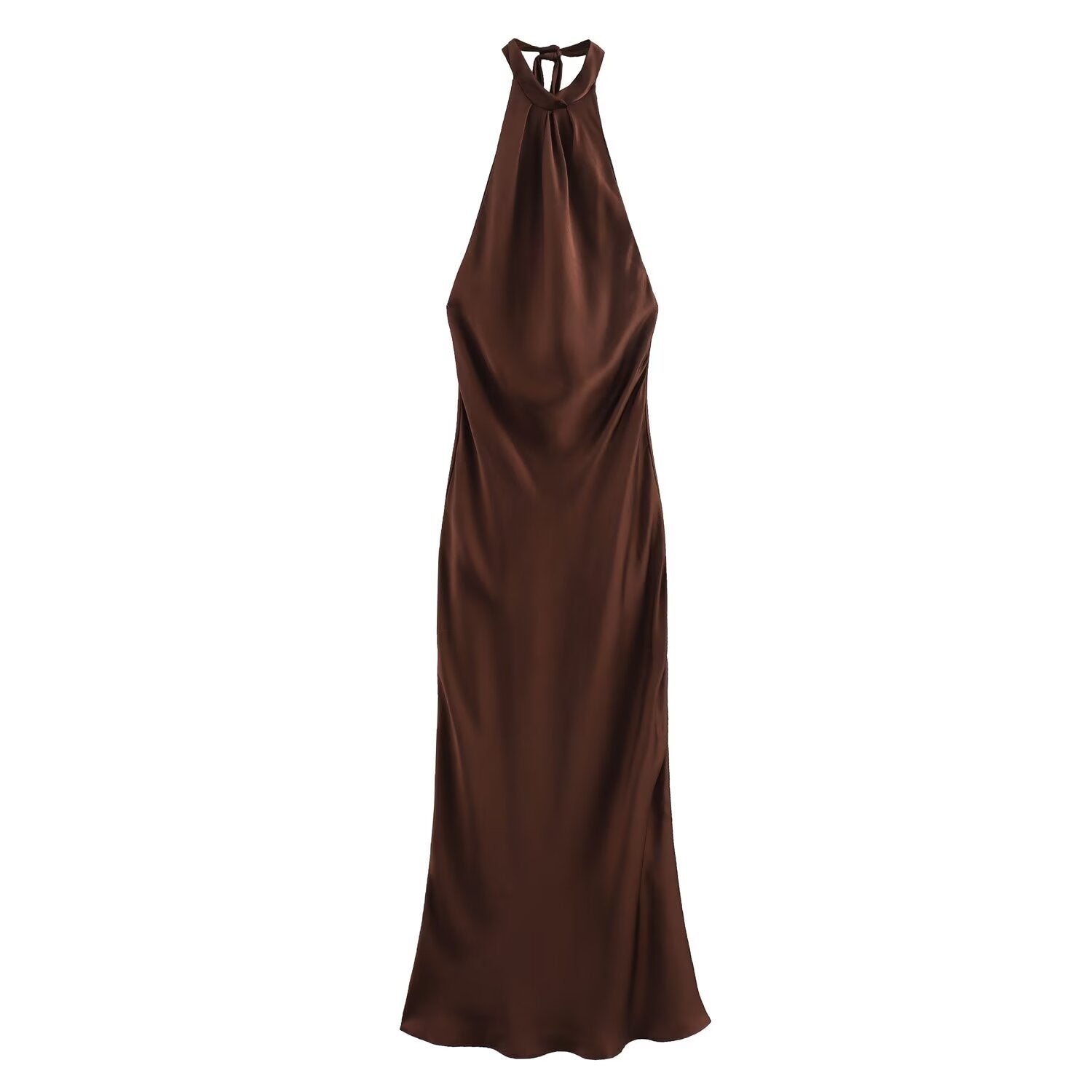 Elegant chocolate brown satin halter neck maxi dress with open back and soft draped silhouette.