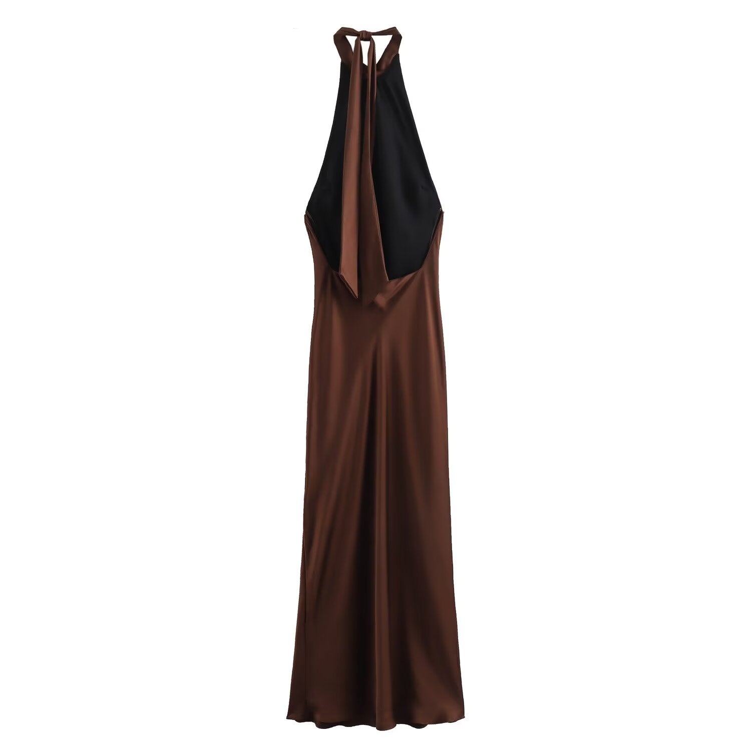 Back view of brown halter neck maxi dress.