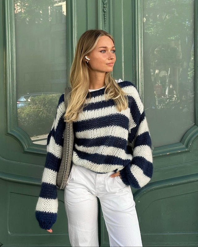 Oversized Gestreepte Trui Dames met Ronde Halslijn - Comfortabele Casual Mode in Marineblauw, Groen, Roze en Grijs 3