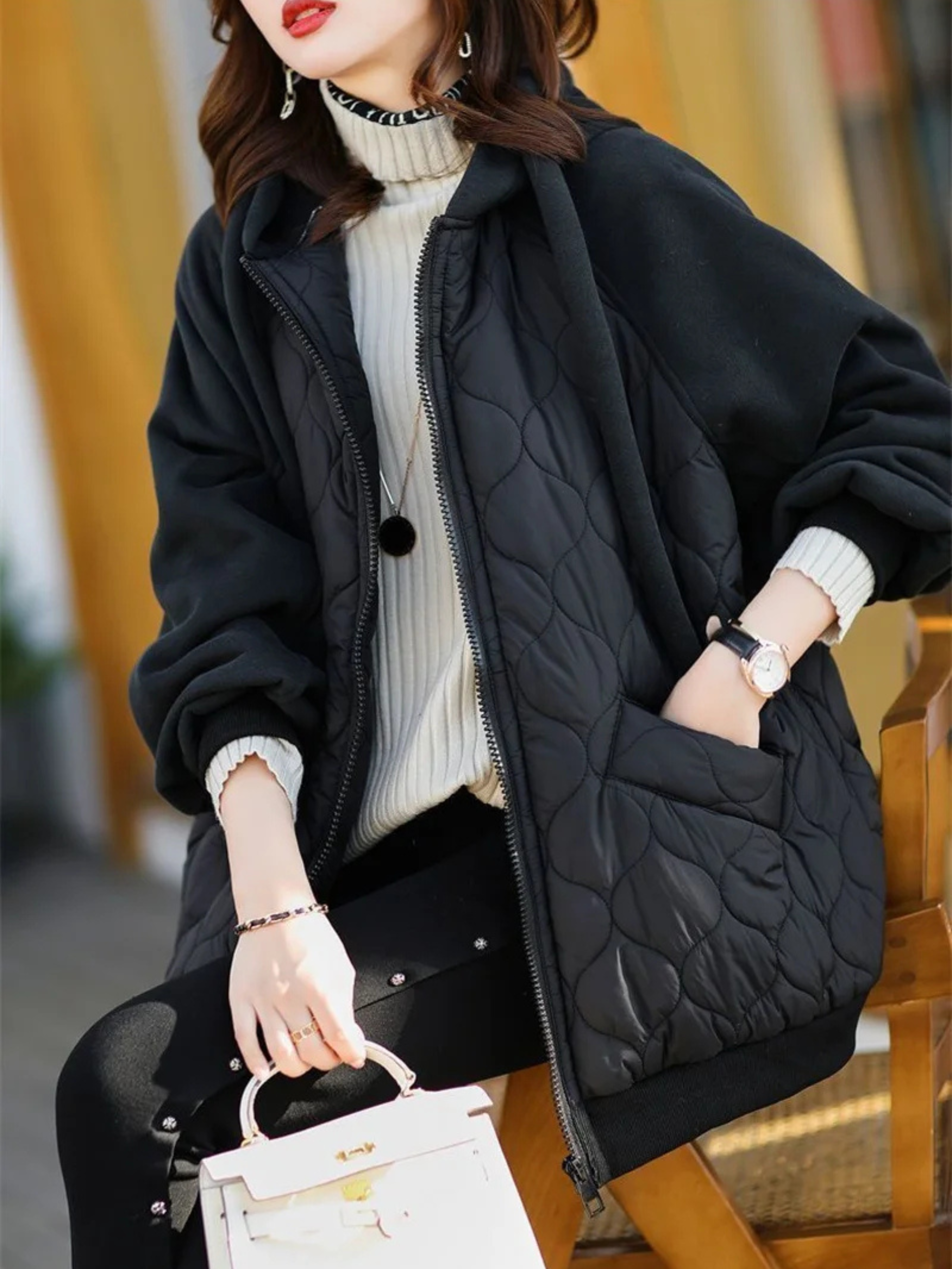 Oversized Gewatteerde Winterjas Dames met Capuchon en Fleece Voering – Trendy en Comfortabel 5