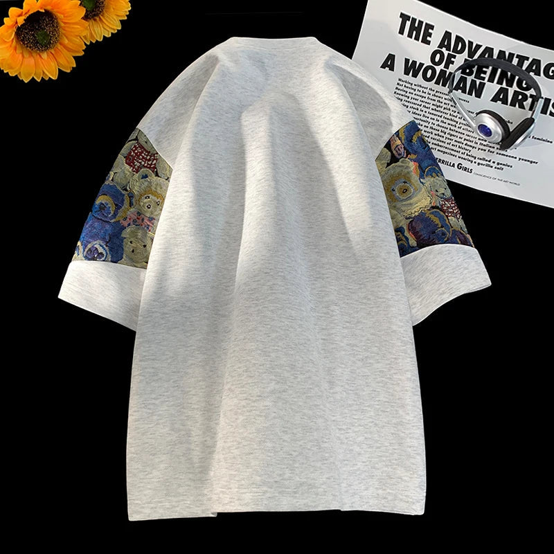 Oversized T-Shirt Heren met Beren Borduurwerk – Casual Streetwear, Zacht Polyester, Extra Lange Mouwen 1