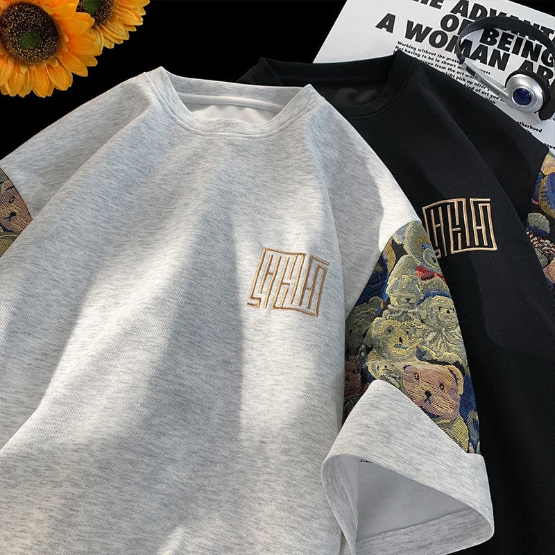 Oversized T-Shirt Heren met Beren Borduurwerk – Casual Streetwear, Zacht Polyester, Extra Lange Mouwen 3