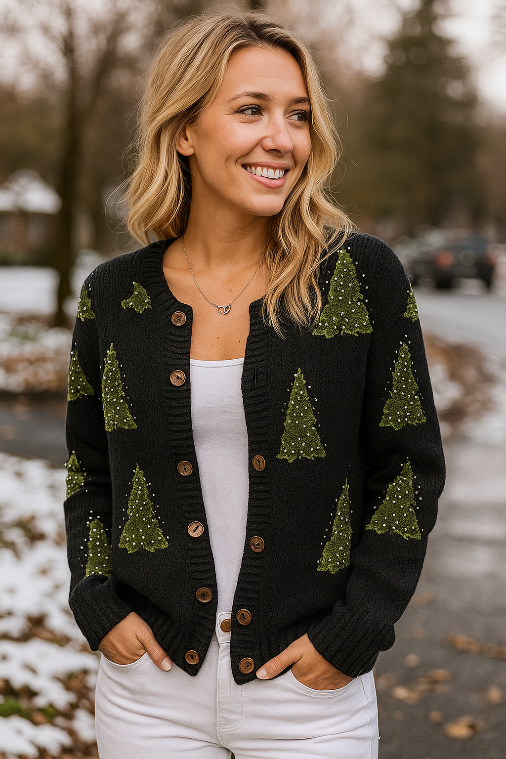 Retro Kerstboom Gebreid Vest – Knoopvest met Kunstprint voor Dames 0