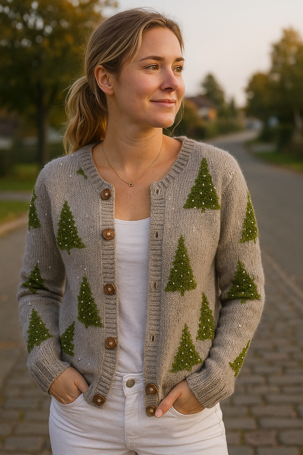 Retro Kerstboom Gebreid Vest – Knoopvest met Kunstprint voor Dames 3