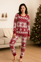 Rode Kerst Pyjama Dames van Zachte Katoenmix met Elastaan - Warme Nachtkleding voor Feestdagen, Compleet Set 1