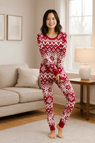 Rode Kerst Pyjama Dames van Zachte Katoenmix met Elastaan - Warme Nachtkleding voor Feestdagen, Compleet Set 2