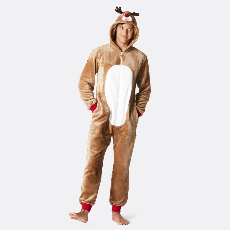 Rode Rendieren Onesie Heren van Zachte Fleece – Comfortabel en Warm voor Volwassenen, Perfect voor Kerstfeest 0