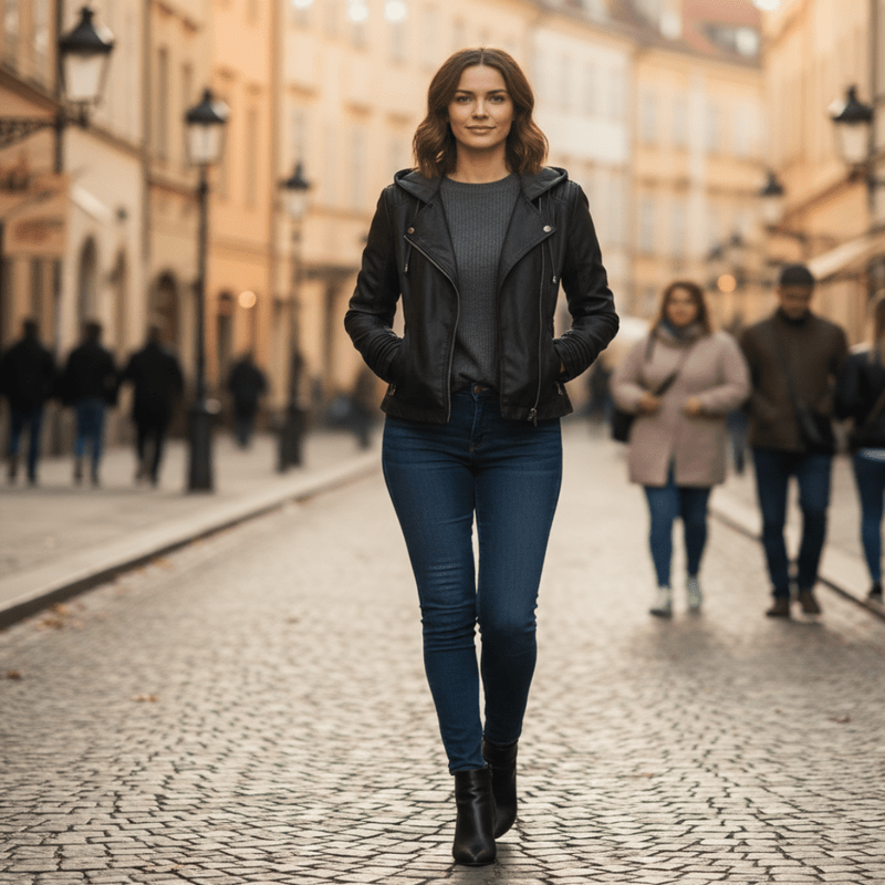 Stijlvolle Leren Motorjas met Capuchon - Elegante Regular Fit voor Vrouwen, Zwart, Hoogwaardig Leer 0