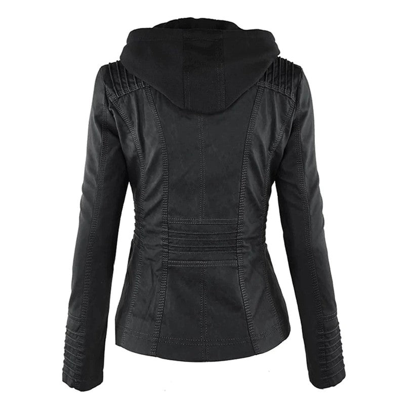 Stijlvolle Leren Motorjas met Capuchon - Elegante Regular Fit voor Vrouwen, Zwart, Hoogwaardig Leer 3