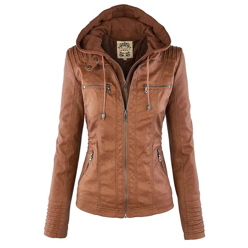 Stijlvolle Leren Motorjas met Capuchon - Elegante Regular Fit voor Vrouwen, Zwart, Hoogwaardig Leer 8
