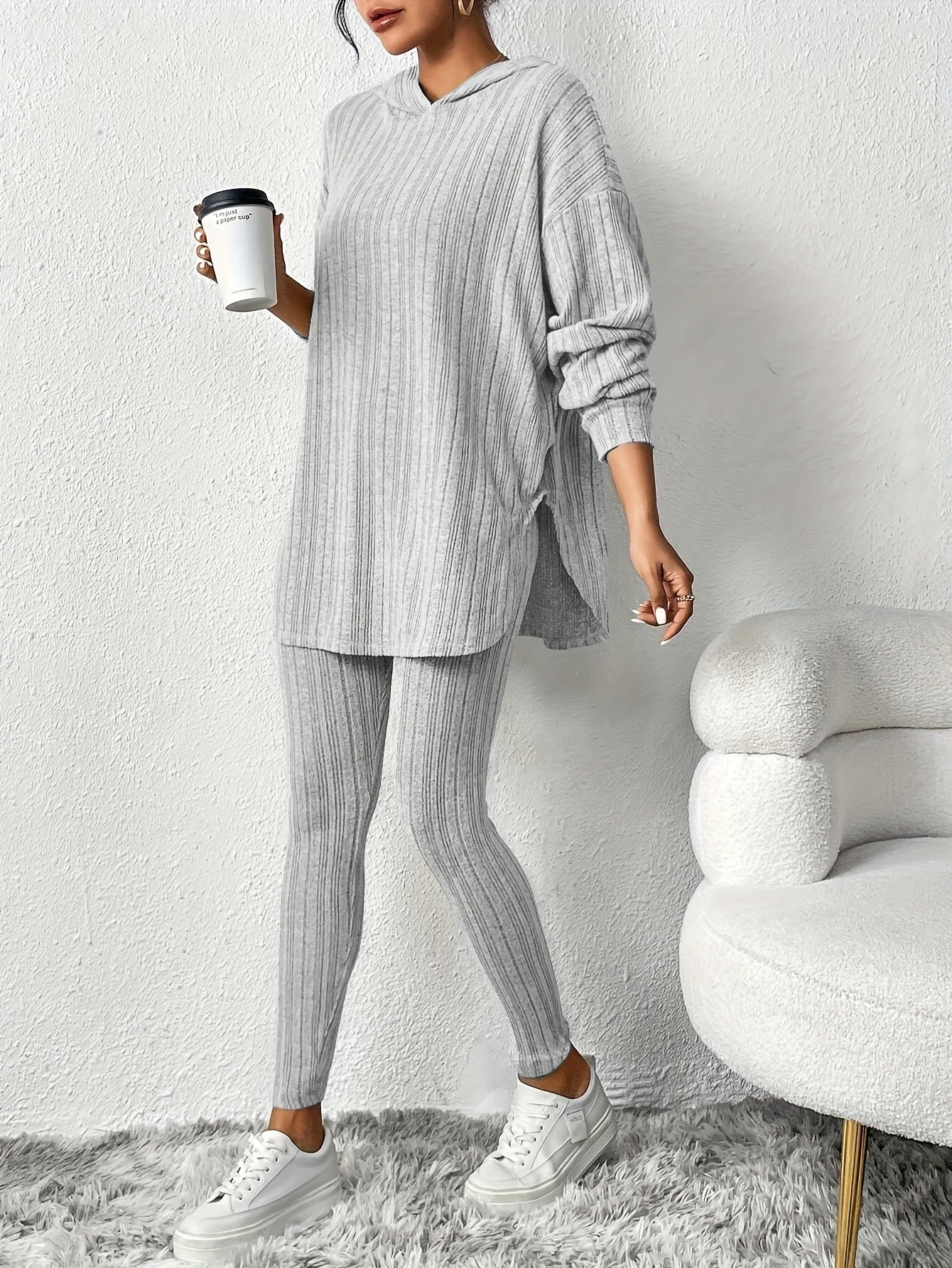 Tweedelige Loungewear Set Dames met Oversized Top en Hoge Taille Legging – Geribbelde Gebreide Comfortabele Outfit 10