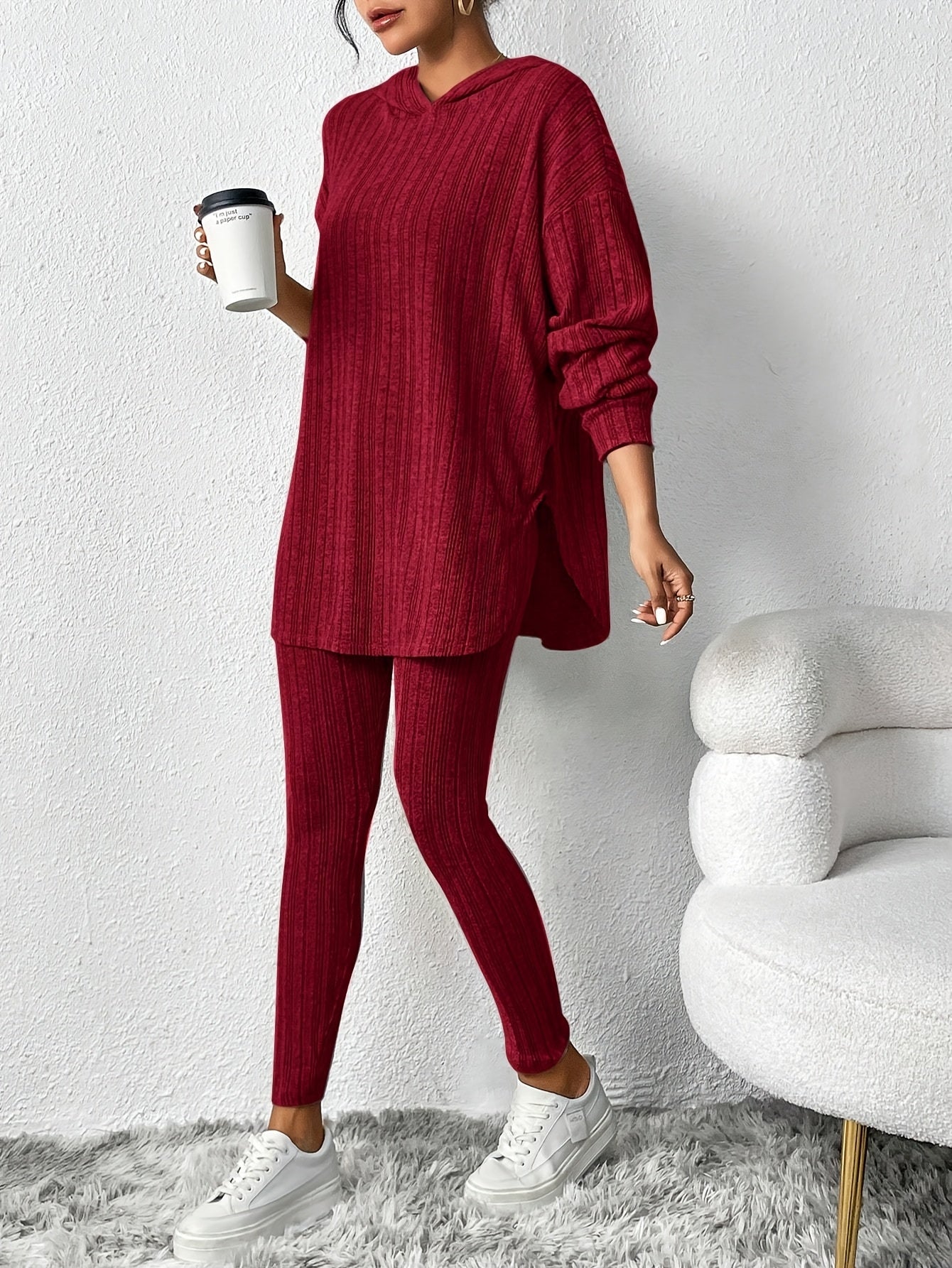 Tweedelige Loungewear Set Dames met Oversized Top en Hoge Taille Legging – Geribbelde Gebreide Comfortabele Outfit 7