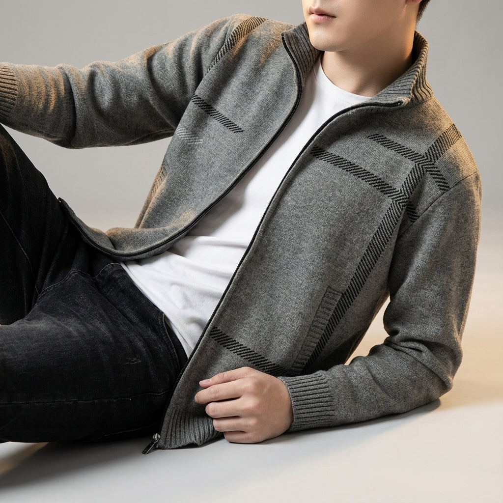 Verzwaarde Gebreide Jas met Fleece Voering en Opstaande Kraag – Uniek Lineair Patroon voor Comfort en Stijl 0