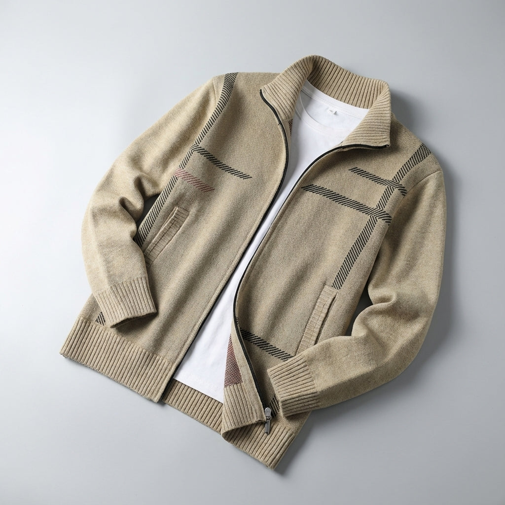 Verzwaarde Gebreide Jas met Fleece Voering en Opstaande Kraag – Uniek Lineair Patroon voor Comfort en Stijl 2