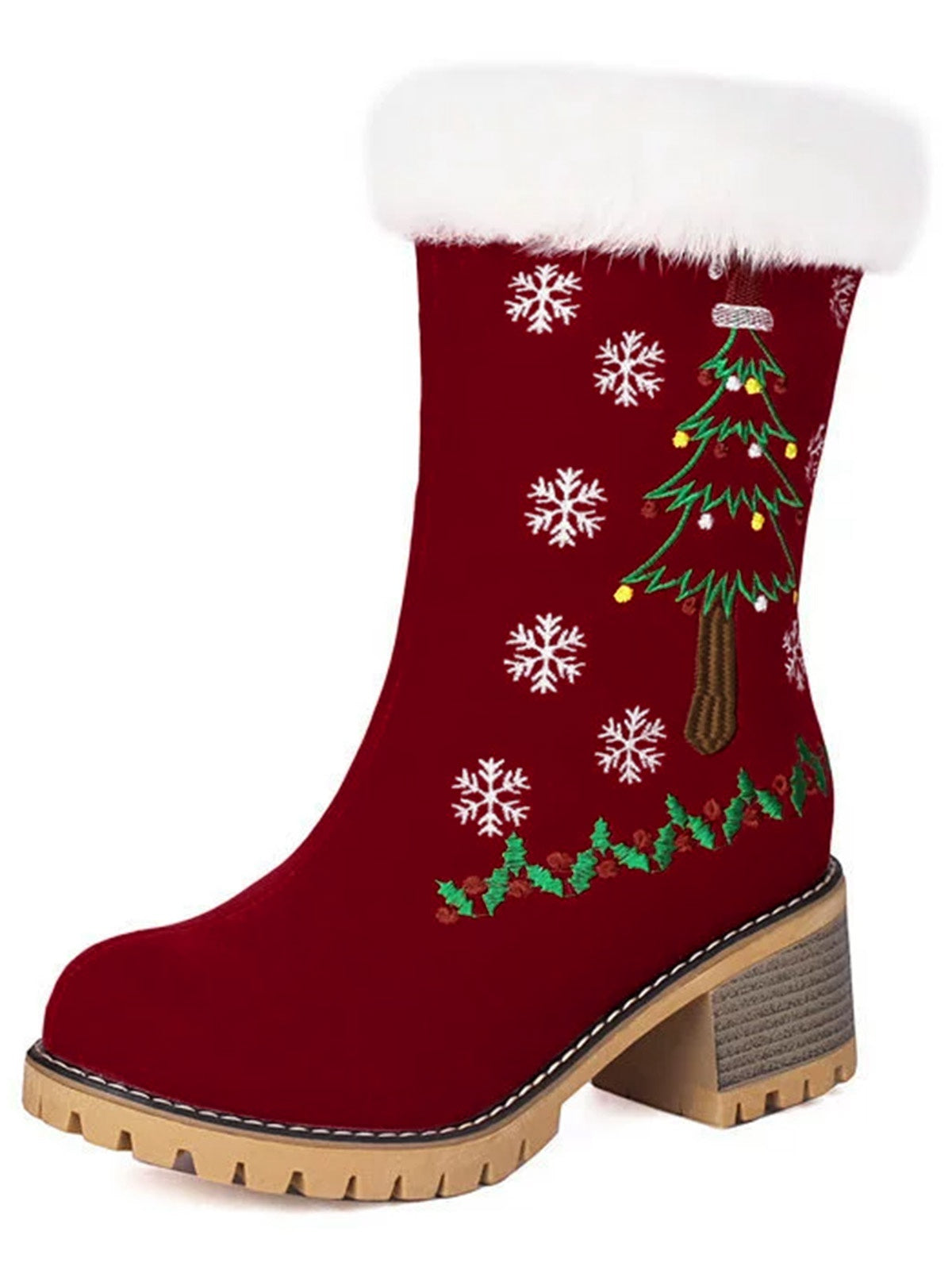 Vintage Dames Laarzen met Dikke Hak en Sneeuwvlok Motief - Suède, Imitatiebont Voering, Elegante Winterlaarzen 0