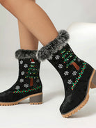 Vintage Dames Laarzen met Dikke Hak en Sneeuwvlok Motief - Suède, Imitatiebont Voering, Elegante Winterlaarzen 4