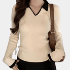 Warme Damestrui met V-hals en Contrasterende Kraag – Elegante Wintertrui van Katoenmix 0