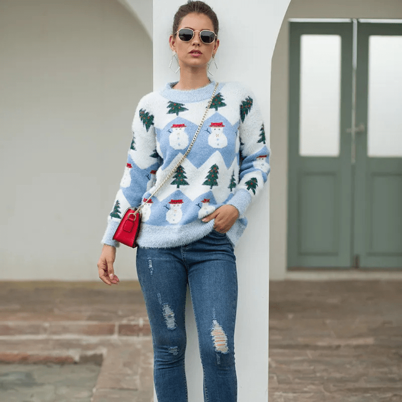 Warme Gebreide Dames Trui met Feestelijke Print – Comfortabele Sweater voor Winter en Kerstfeesten 1