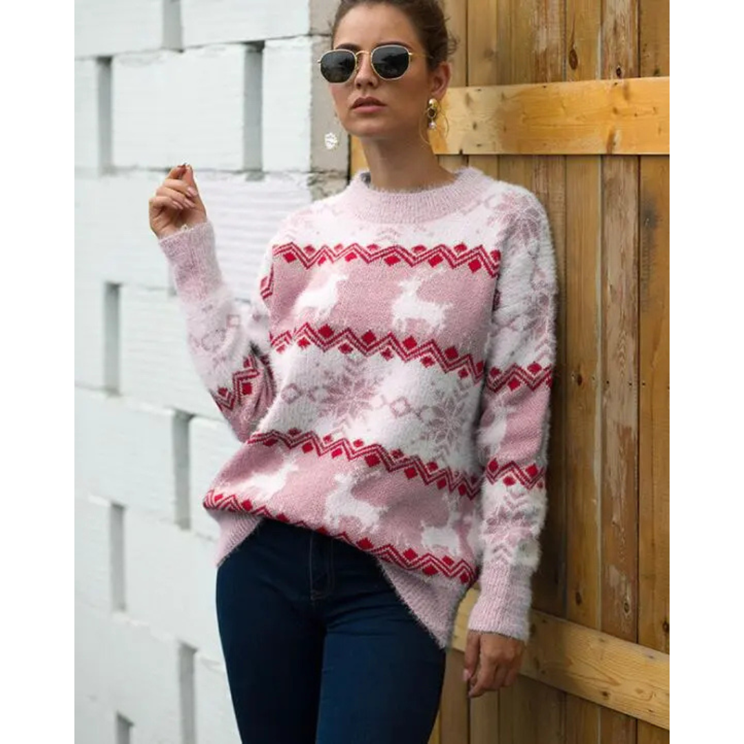 Warme Rode Kersttrui Dames met Rendierdesign - Foute Kersttrui voor Feestdagen, Ronde Hals, Comfortabel en Stijlvol 0