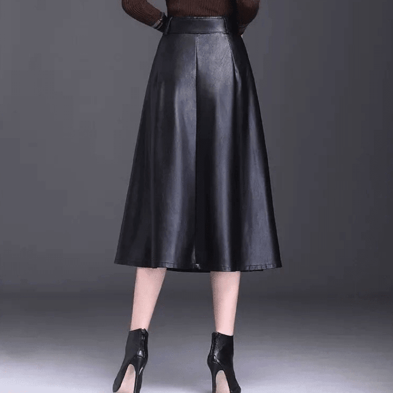 Zwarte Leren Rok Dames A-lijn met Riem in de Taille - Elegante Matte Afwerking 6