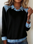 Casual Dames Pullover met Denim Kraag en Stikselaccenten – Stijlvolle Sweater met Unieke Spijkerlook 2