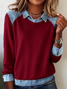 Casual Dames Pullover met Denim Kraag en Stikselaccenten – Stijlvolle Sweater met Unieke Spijkerlook 0