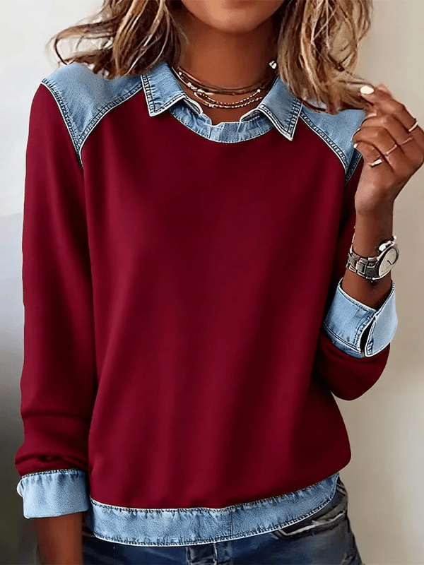 Casual Dames Pullover met Denim Kraag en Stikselaccenten – Stijlvolle Sweater met Unieke Spijkerlook 0