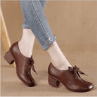 Retro Leren Dames Schoenen – Handgemaakte Pumps met Vierkante Neus en Dikke Hak in Bruin/Zwart 3