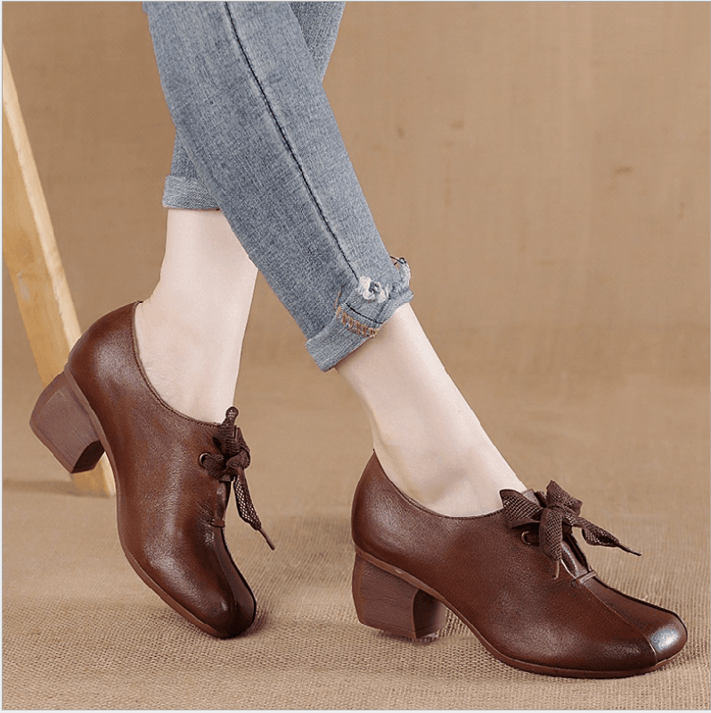 Retro Leren Dames Schoenen – Handgemaakte Pumps met Vierkante Neus en Dikke Hak in Bruin/Zwart 3