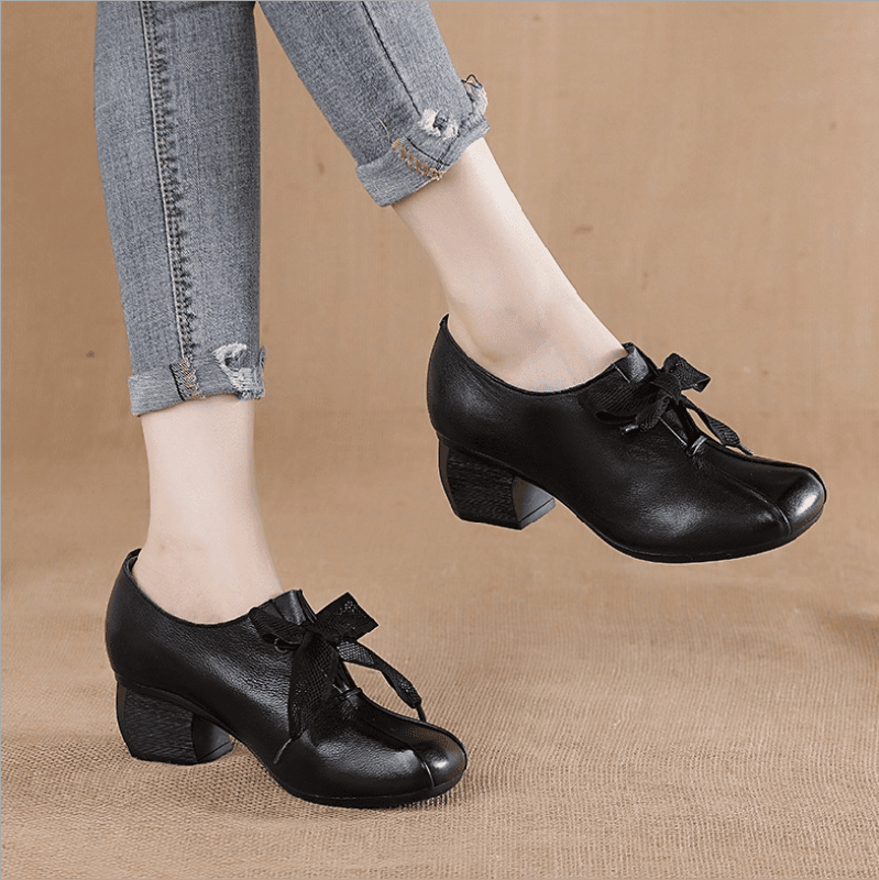 Retro Leren Dames Schoenen – Handgemaakte Pumps met Vierkante Neus en Dikke Hak in Bruin/Zwart 2