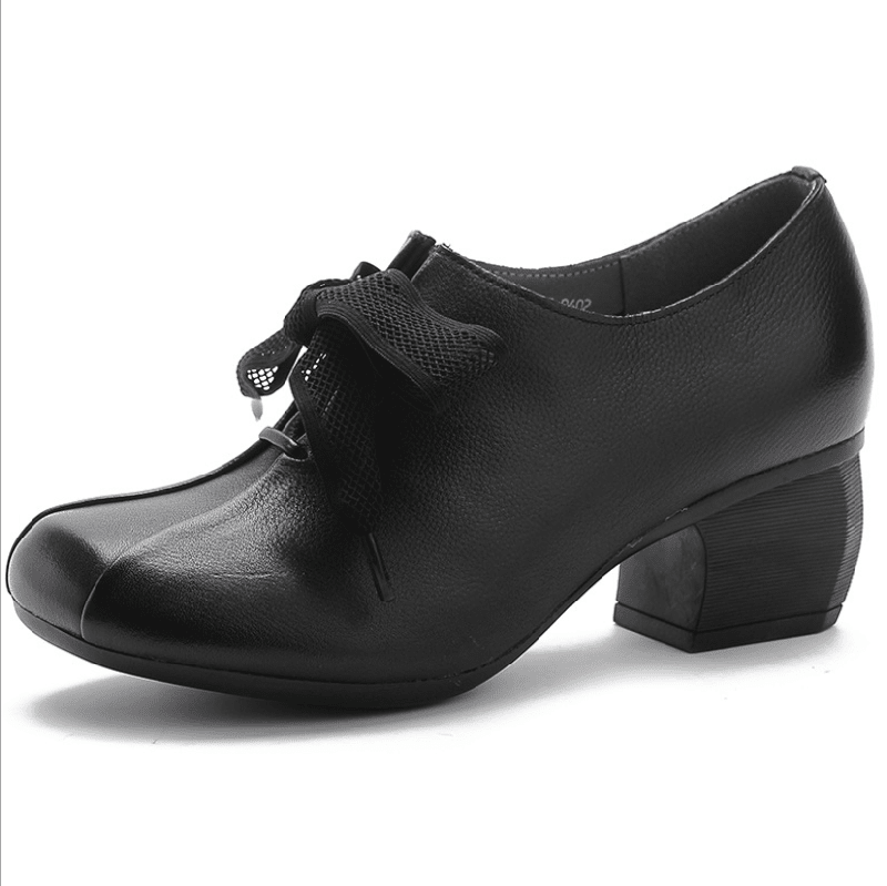 Retro Leren Dames Schoenen – Handgemaakte Pumps met Vierkante Neus en Dikke Hak in Bruin/Zwart 8