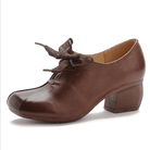 Retro Leren Dames Schoenen – Handgemaakte Pumps met Vierkante Neus en Dikke Hak in Bruin/Zwart 7